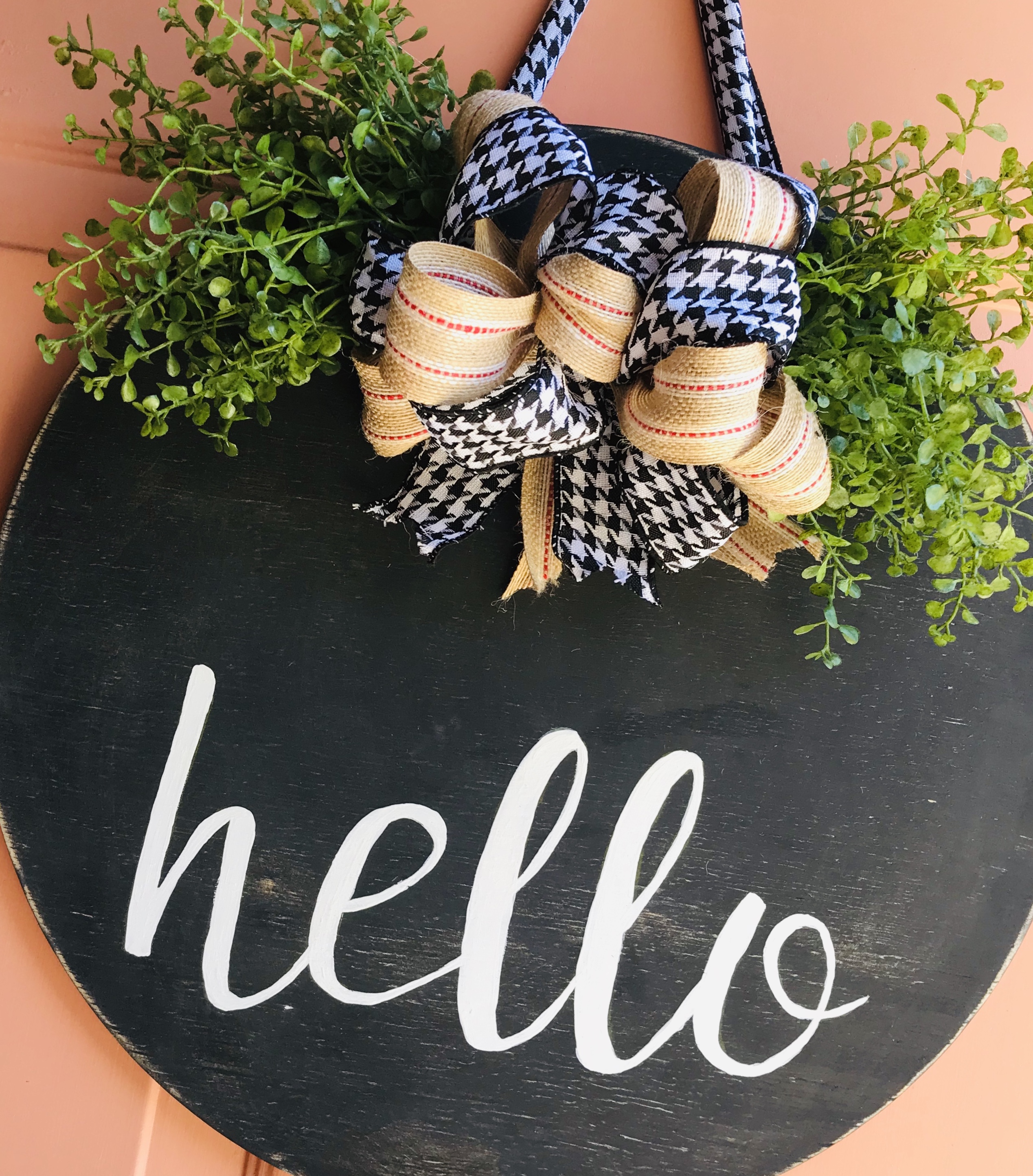 DIY Front Door Hello Sign | Wood Sign | Wood Sign Tutorial | Hello Sign | Lettering | How to Make a Wood Sign | Fall | Autumn | Fall Decor | Winter 2019 | Buffalo Plaid | Burlap | Rustic | Farmhouse | Chic | Home | Home Decor | How to | Six Clever Sisters