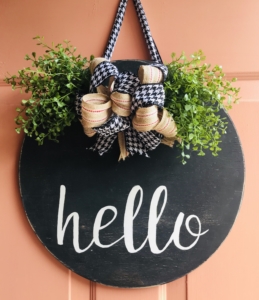 DIY Front Door Hello Sign | Wood Sign | Wood Sign Tutorial | Hello Sign | Lettering | How to Make a Wood Sign | Fall | Autumn | Fall Decor | Winter 2019 | Buffalo Plaid | Burlap | Rustic | Farmhouse | Chic | Home | Home Decor | How to | Six Clever Sisters