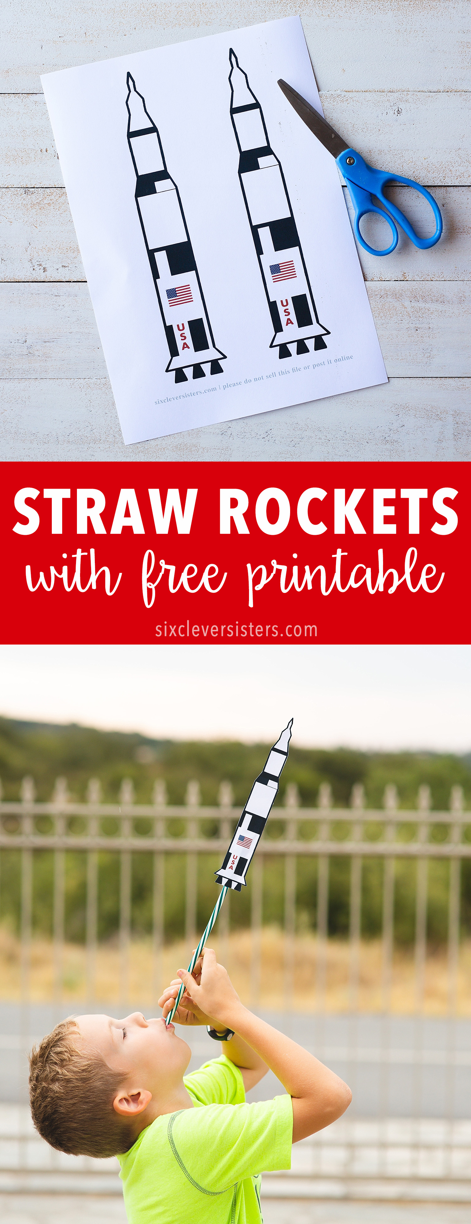 Straw Rockets Craft (with Free Rocket Template) | Straw Rocket Printable | Rocket Craft for Kids | Apollo 11 Paper Craft (with Free Rocket Printable) | Apollo 11 Printable Craft | Straw Rocket Printable Craft with free template on the Six Clever Sisters blog!