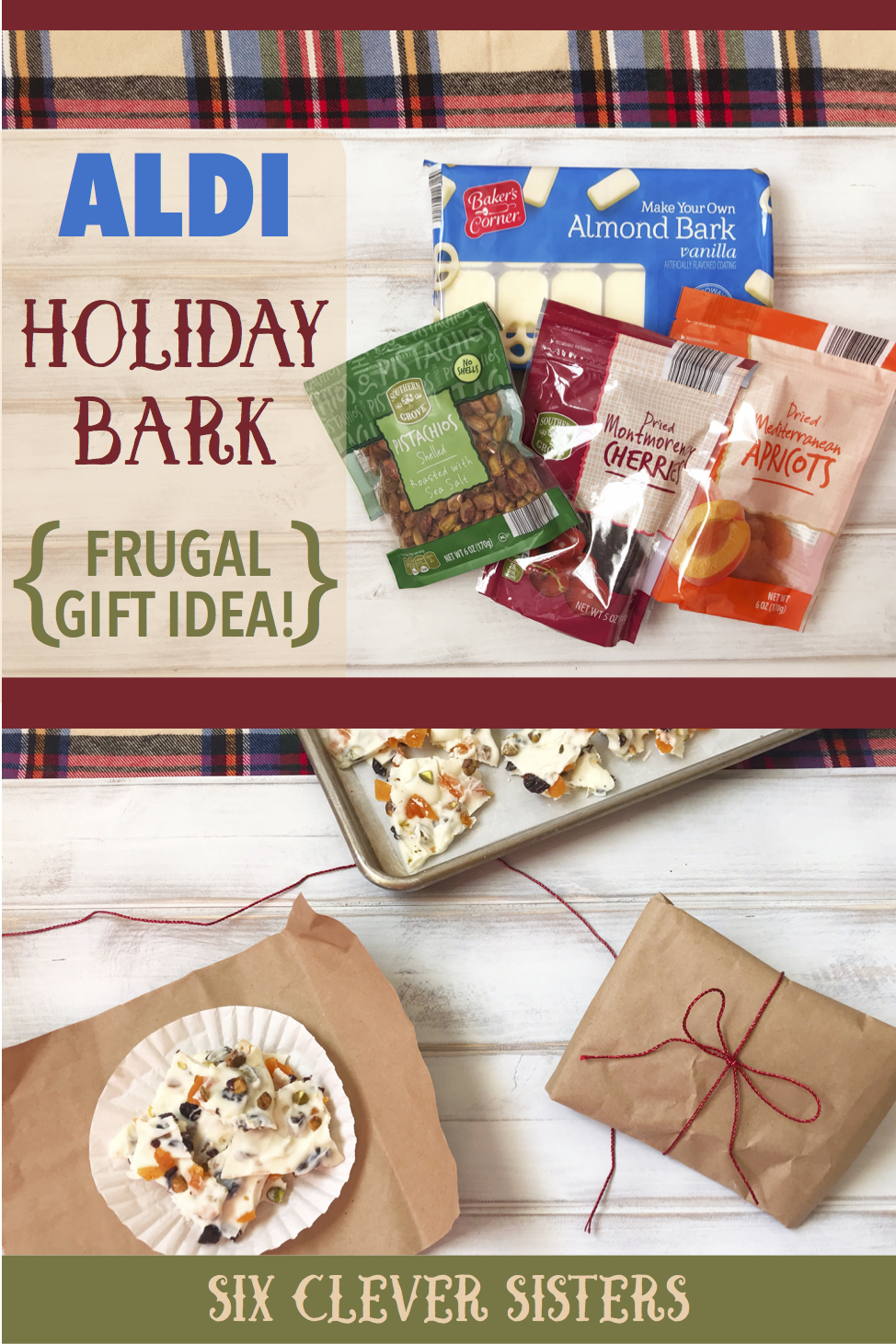 Aldi stores | Aldi Shopping | Frugal Christmas | Homemade Christmas | Chocolate Bark | Fruit and Nut | White Chocolate | Gift Idea | DIY Gift | Christmas Gift | Christmas Candy | Christmas | Holiday | Christmas Bark | Dried Fruit | Frugal Gift | Cheap Christmas Gift | Handmade | Recipe on Six Clever Sisters