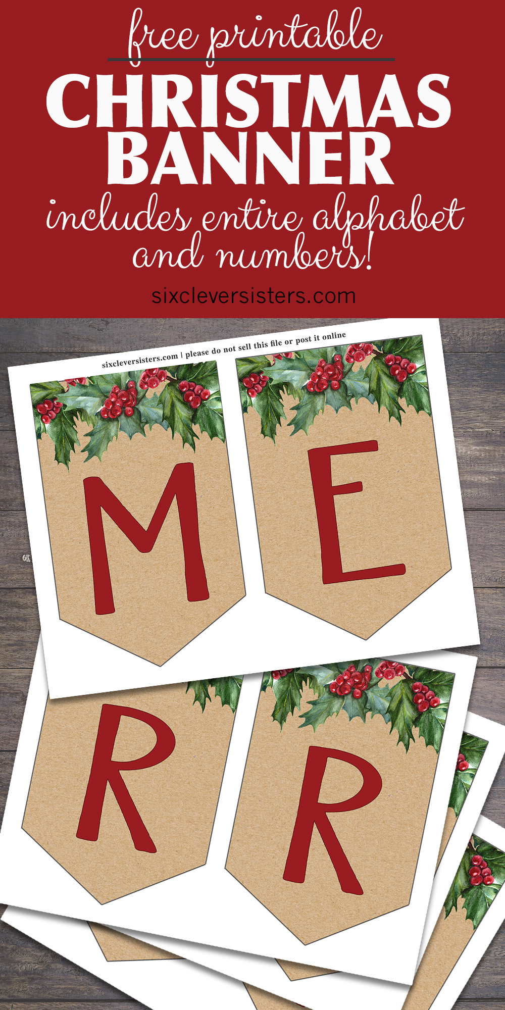 Free Printable Christmas Banner | Merry Christmas Banner Printable | Christmas Banner Printable Free | Printable Christmas Banner Free | Merry Christmas Banner Free Printable | Download on the Six Clever Sisters blog to decorate for the holidays!