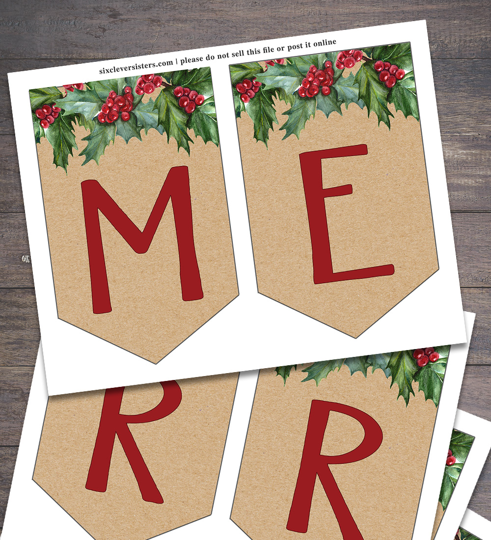 Free Printable Christmas Banner | Merry Christmas Banner Printable | Christmas Banner Printable Free | Printable Christmas Banner Free | Merry Christmas Banner Free Printable | Download on the Six Clever Sisters blog to decorate for the holidays!