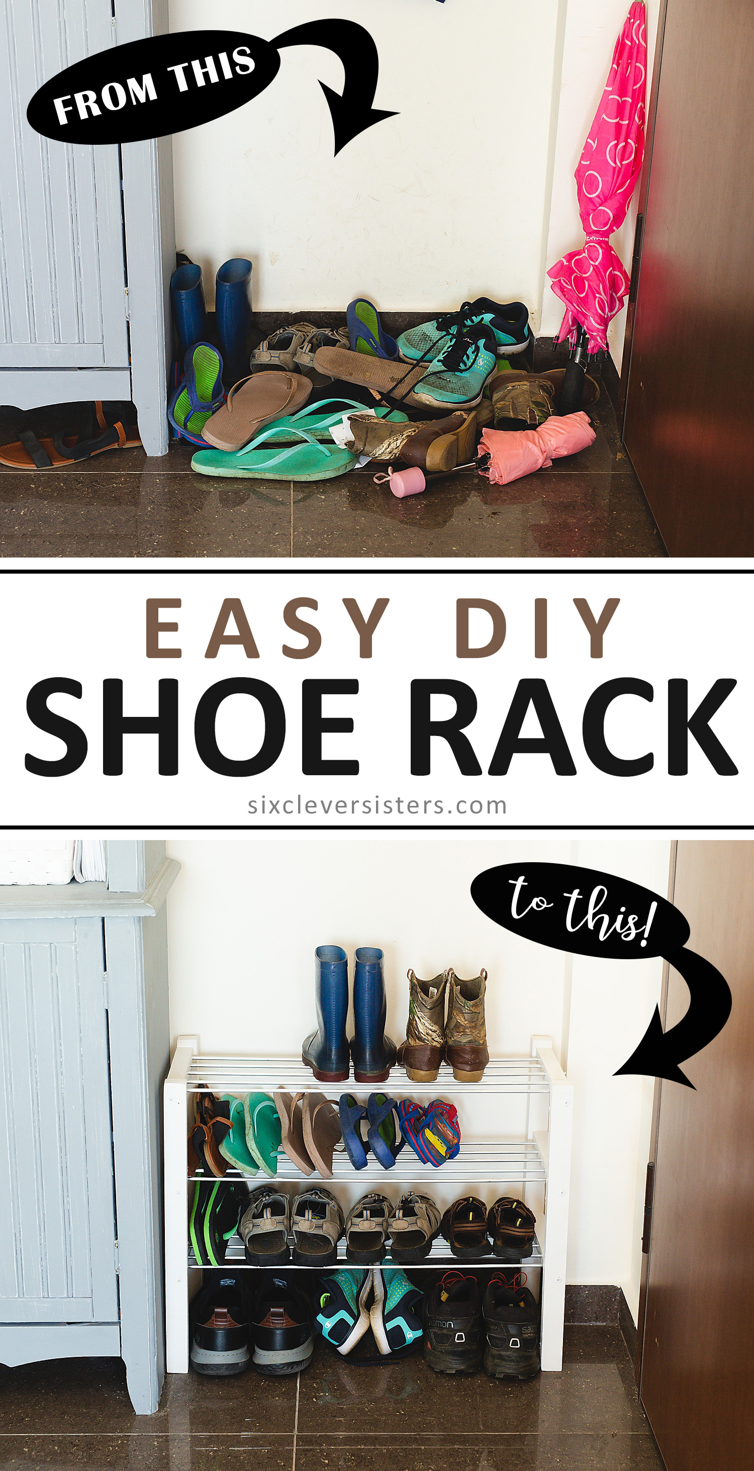 shoe rack DIY | shoe rack DIY small spaces | DIY shoe rack easy | shoe rack easy DIY | shoe rack DIY entrance | DIY shoe rack easy cheap | DIY shoe rack space saving on the Six Clever Sisters blog!