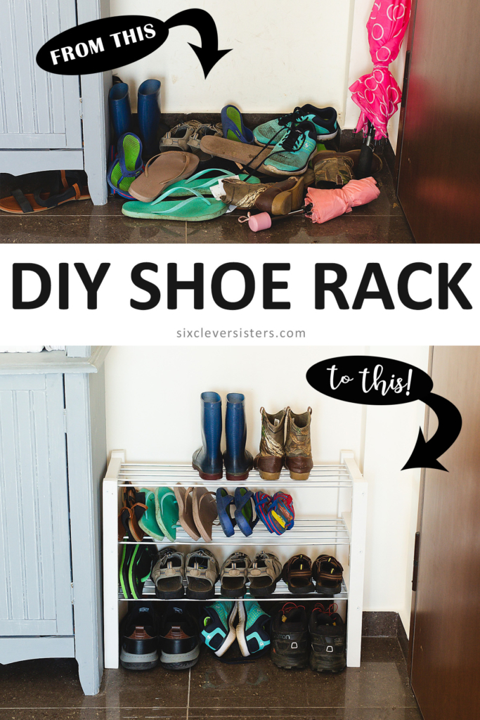 shoe rack DIY | shoe rack DIY small spaces | DIY shoe rack easy | shoe rack easy DIY | shoe rack DIY entrance | DIY shoe rack easy cheap | DIY shoe rack space saving on the Six Clever Sisters blog!