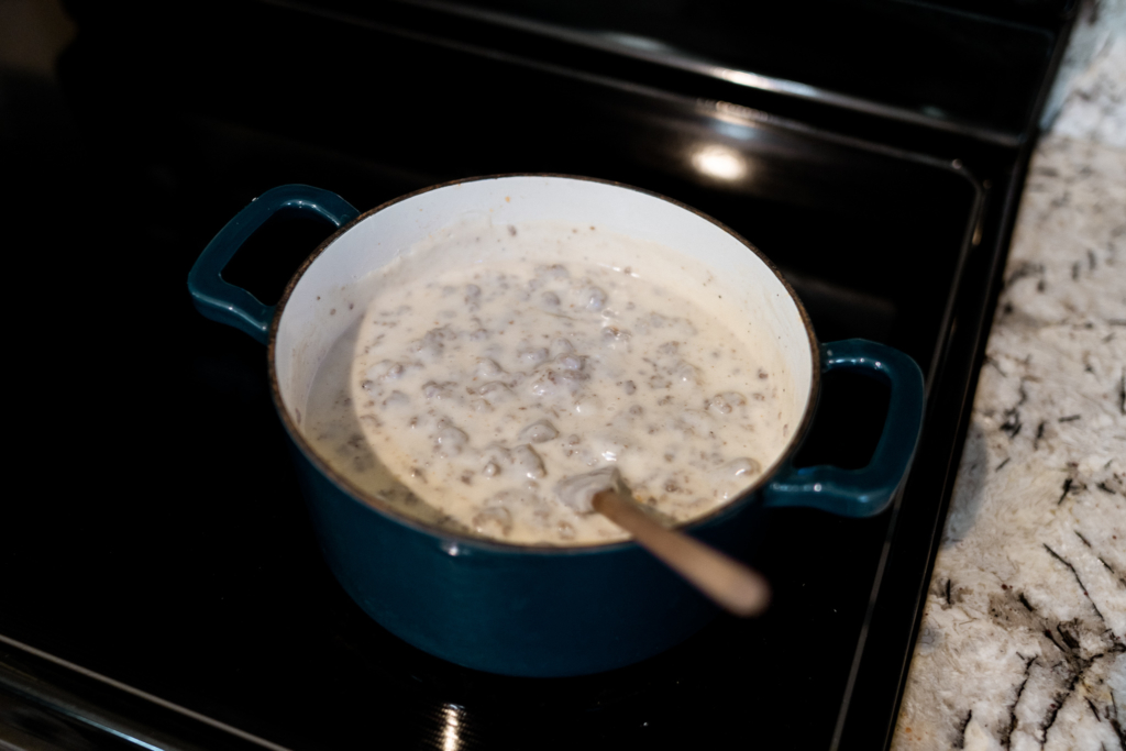 Sausage Gravy | One Pot Sausage Gravy Recipe | Sausage Gravy & Biscuits | This delicious easy sausage gravy only takes 5 ingredients and can be made in less than twenty minutes! Find the recipe at SixCleverSisters.com