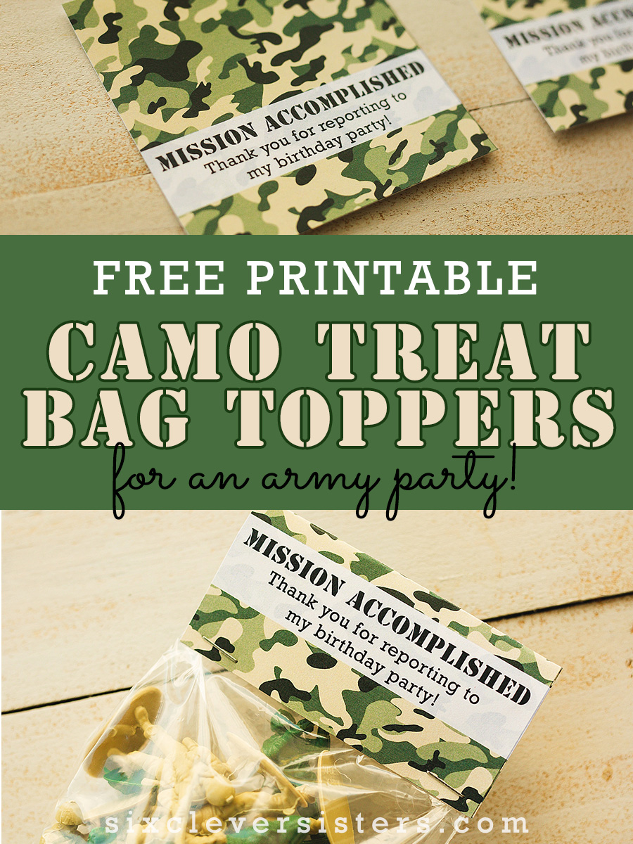 Camo Party | Camo Party Decor | Camo Party Favor Bags | Camo Party Decoration | Camo Party Theme | Camo Party Favors | Army Party Favors | Kids Camo Party Decorations | Camouflage Party Favors | Diy Camo Party Ideas | Camo Birthday Party | Planning a camo theme party? These free printable camo party treat bags are perfect for your army party! #camo #camoparty #camopartyfavors #partyfavors #camopartydecor #camopartytheme #treatbags #treatbagtoppers #bagtoppers #armyparty #sixcleversisters