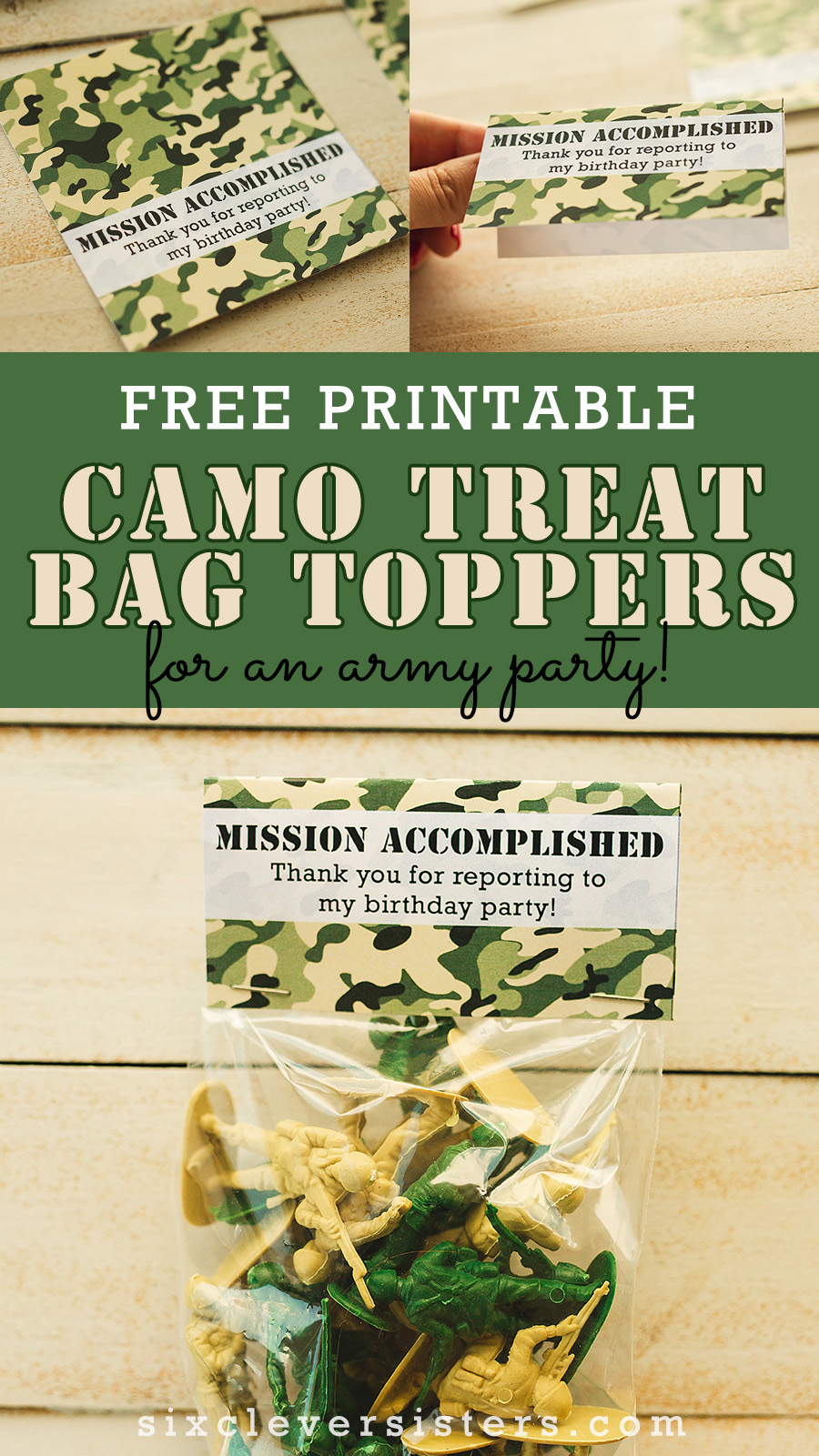 Camo Party | Camo Party Decor | Camo Party Favor Bags | Camo Party Decoration | Camo Party Theme | Camo Party Favors | Army Party Favors | Kids Camo Party Decorations | Camouflage Party Favors | Diy Camo Party Ideas | Camo Birthday Party | Planning a camo theme party? These free printable camo party treat bags are perfect for your army party! #camo #camoparty #camopartyfavors #partyfavors #camopartydecor #camopartytheme #treatbags #treatbagtoppers #bagtoppers #armyparty #sixcleversisters