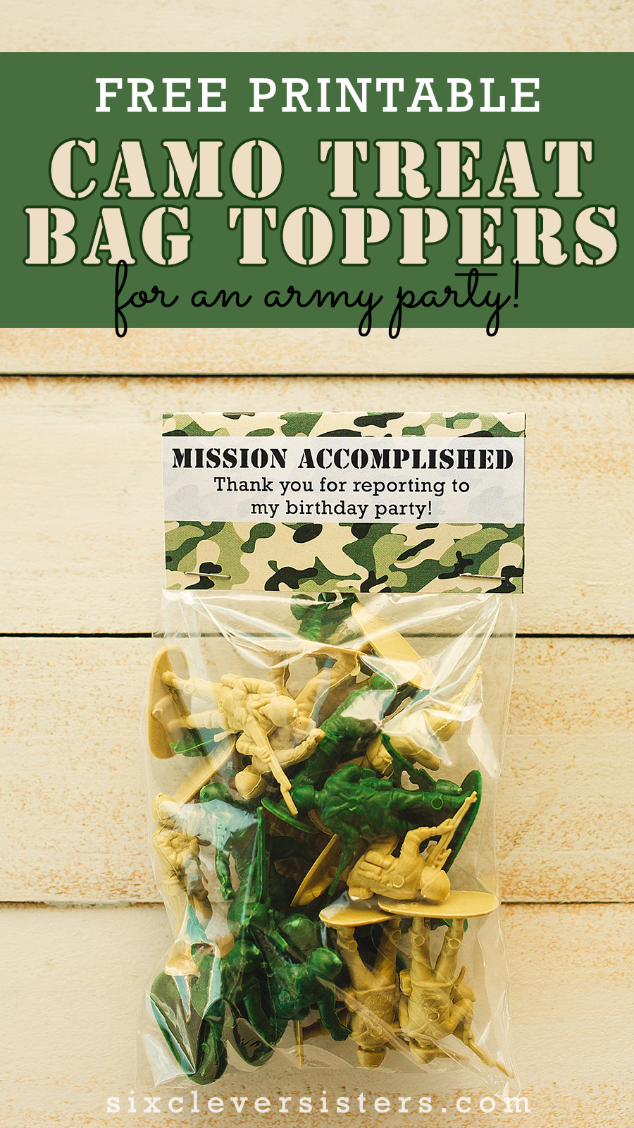 Camo Party | Camo Party Decor | Camo Party Favor Bags | Camo Party Decoration | Camo Party Theme | Camo Party Favors | Army Party Favors | Kids Camo Party Decorations | Camouflage Party Favors | Diy Camo Party Ideas | Camo Birthday Party | Planning a camo theme party? These free printable camo party treat bags are perfect for your army party! #camo #camoparty #camopartyfavors #partyfavors #camopartydecor #camopartytheme #treatbags #treatbagtoppers #bagtoppers #armyparty #sixcleversisters