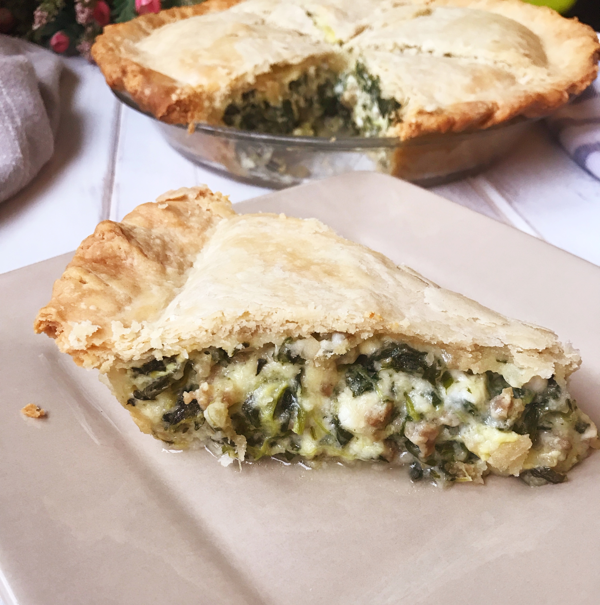 Spinach Pie | Spinach Recipes | Spinach Dinner | Spinach Quiche | Sausage Recipes | Dinner | Family | Meal | Easy Dinner | Quick Meal | Easy Recipe | Cheese | Pie Crust | Homemade | Six Clever Sisters