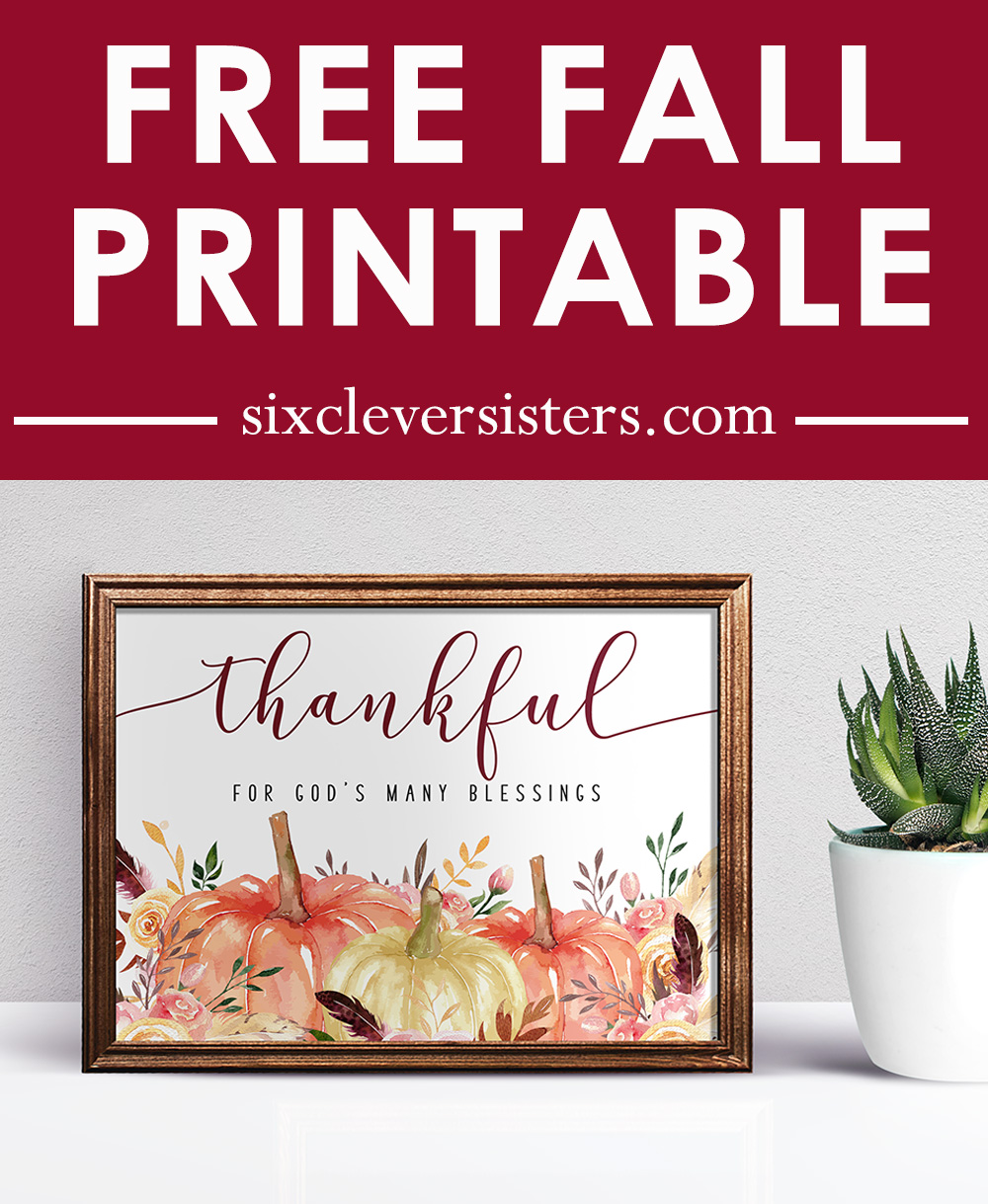 Thankful Printable | Thankful Printable Free | Thankful Quotes | Printable Fall Signs | Printable Fall Decor | Fall Signs DIY Free Printable | Pumpkins + Florals make this printable fall sign gorgeous! Available for free on the Six Clever Sisters blog.