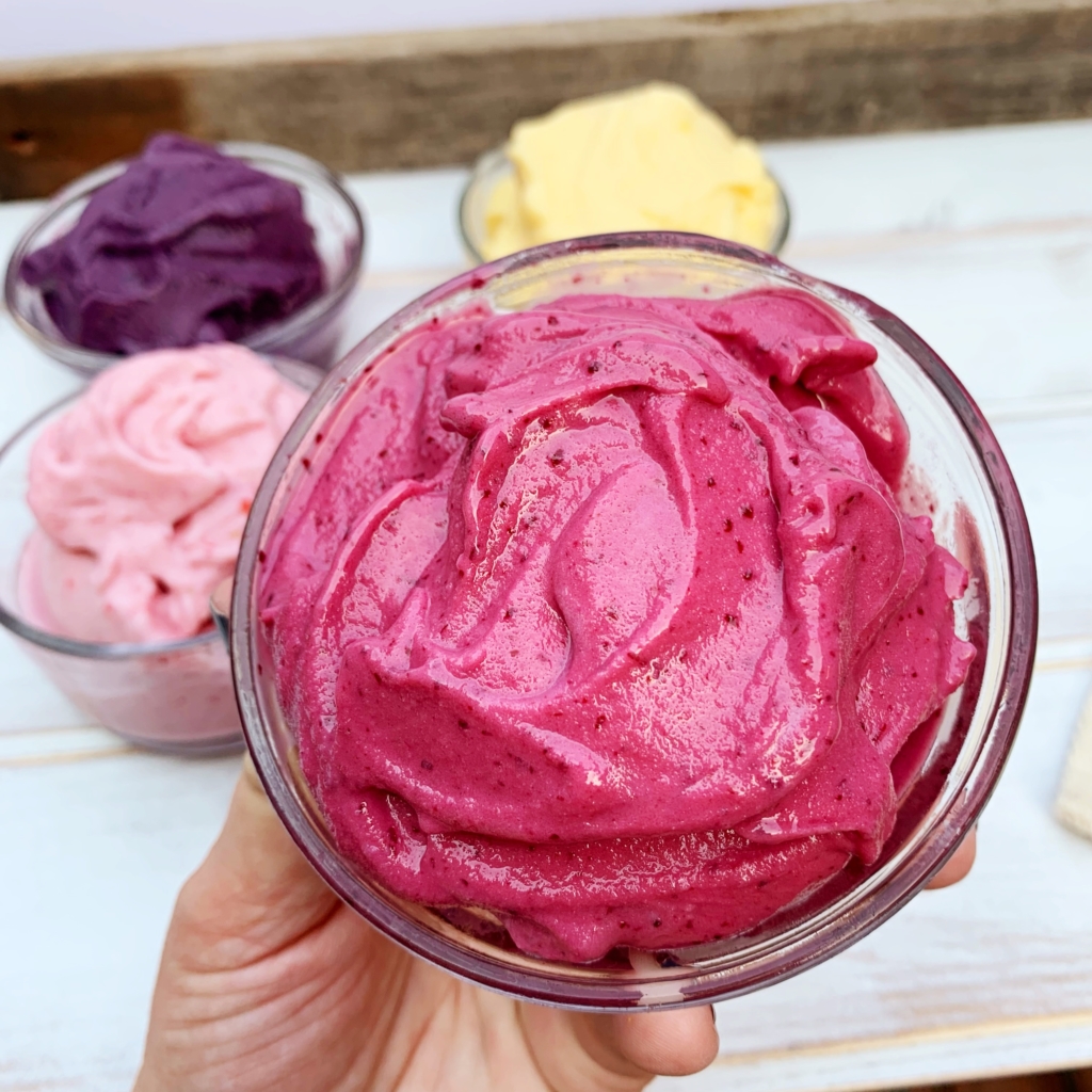 Easy Frozen Fruit Yogurt | Fresh Fruit | Frozen Fruit | Yogurt | Ice Cream | Peach | Blueberry | Strawberry | Cherry | Healthy Snack | Healthy Dessert | Low calorie | Diet | Low Fat | Summer Dessert | Summer | Ninja | Blender | Smoothie | Six Clever Sisters