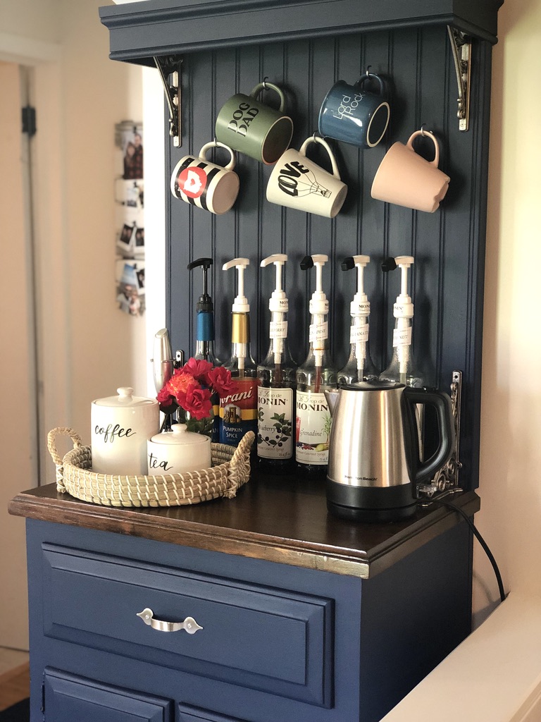 Coffee Bar | Furniture Renovation | DIY Coffee Bar | Coffee Bar Transformation | DIY Home Decor | DIY Beverage Bar | DIY Decor | Repurposed Furniture Project | Weekend Project | Check out my post on SixCleverSisters.com to find out how I transformed a small table into a beautiful coffee bar!