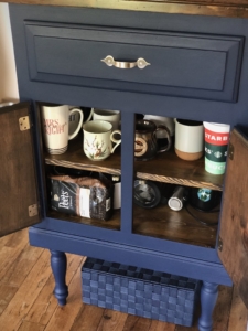 Coffee Bar | Furniture Renovation | DIY Coffee Bar | Coffee Bar Transformation | DIY Home Decor | DIY Beverage Bar | DIY Decor | Repurposed Furniture Project | Weekend Project | Check out my post on SixCleverSisters.com to find out how I transformed a small table into a beautiful coffee bar!