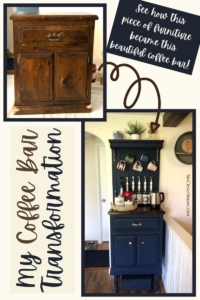 Coffee Bar | Furniture Renovation | DIY Coffee Bar | Coffee Bar Transformation | DIY Home Decor | DIY Beverage Bar | DIY Decor | Repurposed Furniture Project | Weekend Project | Check out my post on SixCleverSisters.com to find out how I transformed a small table into a beautiful coffee bar!