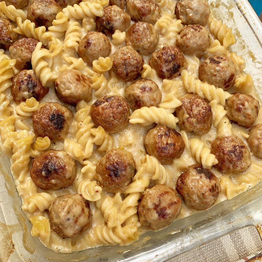 Swedish Meatball Pasta Bake - Six Clever Sisters