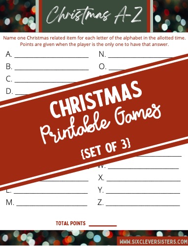 Printable Christmas Games | Printable Christmas Games for Families | Printable Christmas Games PDF | Free Printable Christmas Game | Christmas Scattergories Free Printable | Printable Christmas Games Free | Christmas A to Z Printable | Christmas Unscramble Game | Looking for some fun games for everyone to be a part of? These 3 free printable Christmas games add a lot of fun to any party! #christmas #games #printables #freeprintable #party