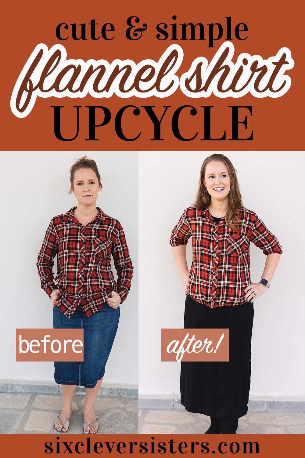 Flannel Shirt Upcycle | How to Upcycle a shirt | Upcycled Button-down | Shirt Upcycle DIY ideas | Mens dress shirt upcycle for women | This easy step-by-step photo tutorial at Six Clever Sisters makes it easy to upcycle your flannel shirt!