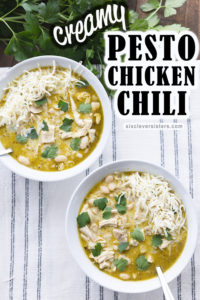 CREAMY PESTO CHICKEN CHILI | White Chili Recipe | White chili chicken recipe | Pesto Chicken Recipe | White Chicken Chili Slow Cooker | A quick recipe that uses simple ingredients for a delicious white chicken chili loaded with pesto! Recipe on the Six Clever Sisters blog!