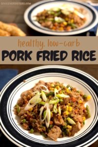 Low Carb Fried Rice | Low Carb Recipe | Healthy Dinner | Low Carb Recipe | Healthy Low Carb Fried Rice | Easy Weeknight Meal Recipe | This healthy and low-carb pork fried rice is a delicious and filling meal without all the carbs! Find the recipe at SixCleverSisters.com