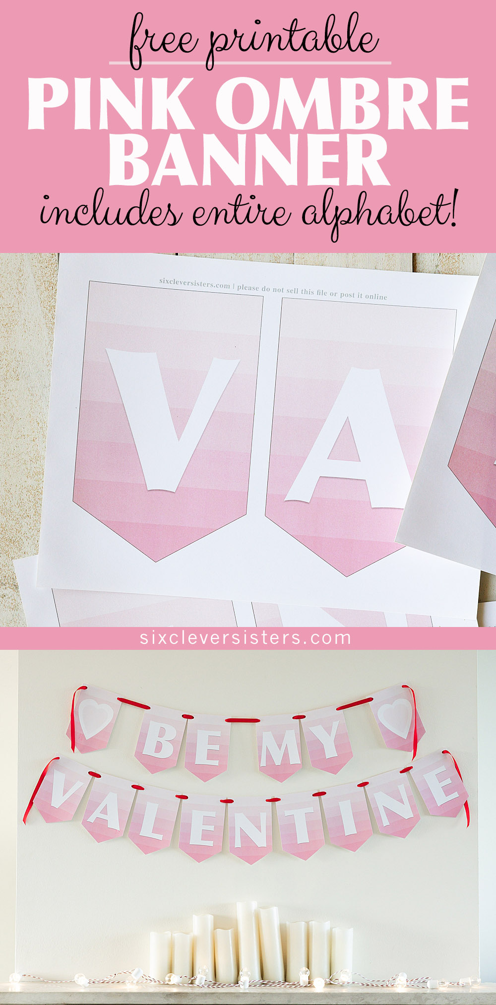 Free Printable Banner letters pink | Pink Banner Printable | Free Printable Birthday Banner | Free Printable | Happy Birthday | DIY Banner | Birthday Banner Letters | Printable Alphabet | Alphabet Banner Free Printable | Download this pretty ombre birthday banner (+ entire alphabet!) to DIY a banner for your next event! Head to the Six Clever Sisters blog.....