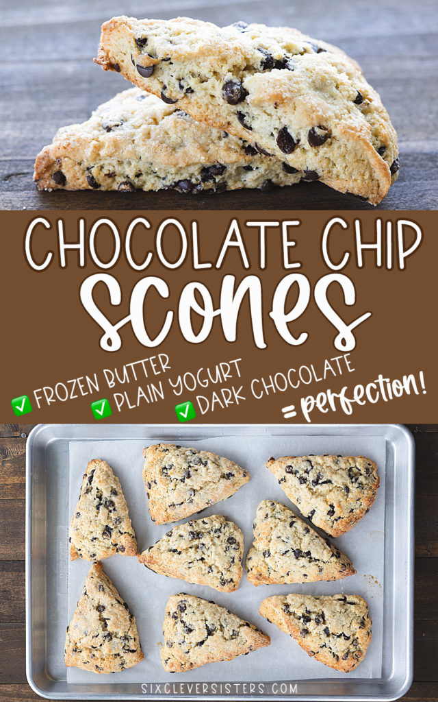 Chocolate Chip Scones Recipe | Easy Scones Recipe | Chocolate Chip Scones no buttermilk | Moist Scone Recipe | Scones with sour cream | The BEST Chocolate Chip Scones - easy recipe on the Six Clever Sisters blog!