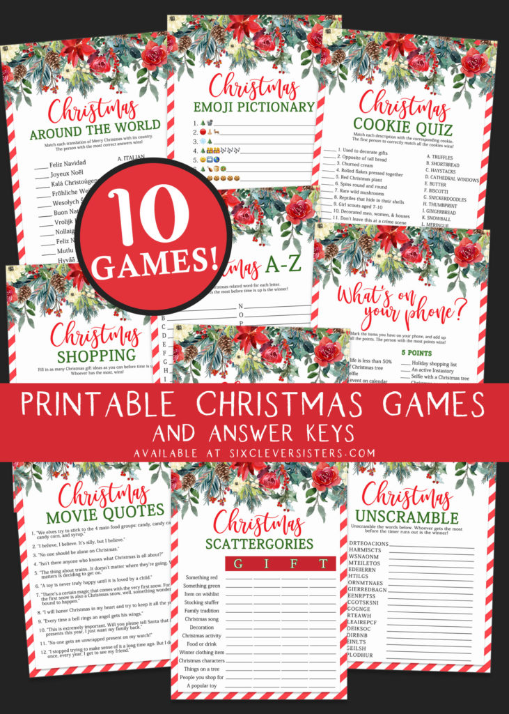 Printable Christmas Games PDF | Christmas Games for Parties | Printable Christmas Games for Groups | Printable Christmas Games for Work | Instant download PDF Christmas games & answer keys available on the Six Clever Sisters blog!