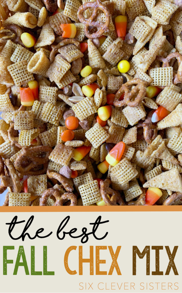 Fall Chex Mix | Chex Mix | Party Mix | Candy Corn | Fall Snack Mix | Easy Snack | Party Food | Reese's | Cinnamon | Party Mix | Six Clever Sisters