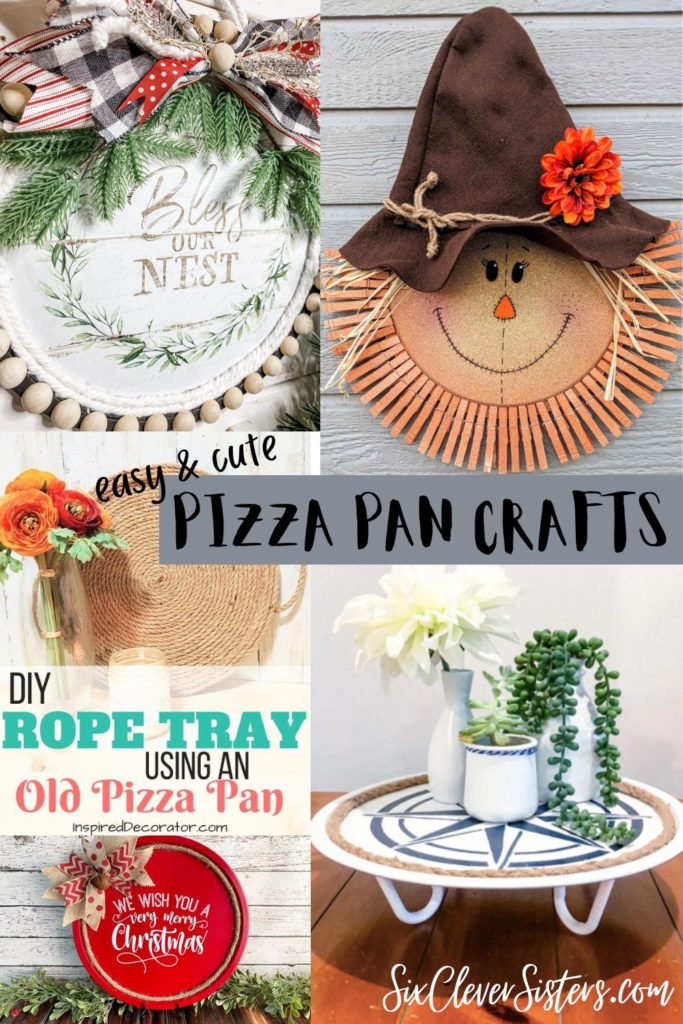 Pizza Pan Crafts | Dollar Tree Crafts | Easy Decor | Home Decor | Christmas Gift Idea | These pizza pan crafts are a great gift idea and don't cost much money or take up a lot of your time! Find them all at SixCleverSisters.com