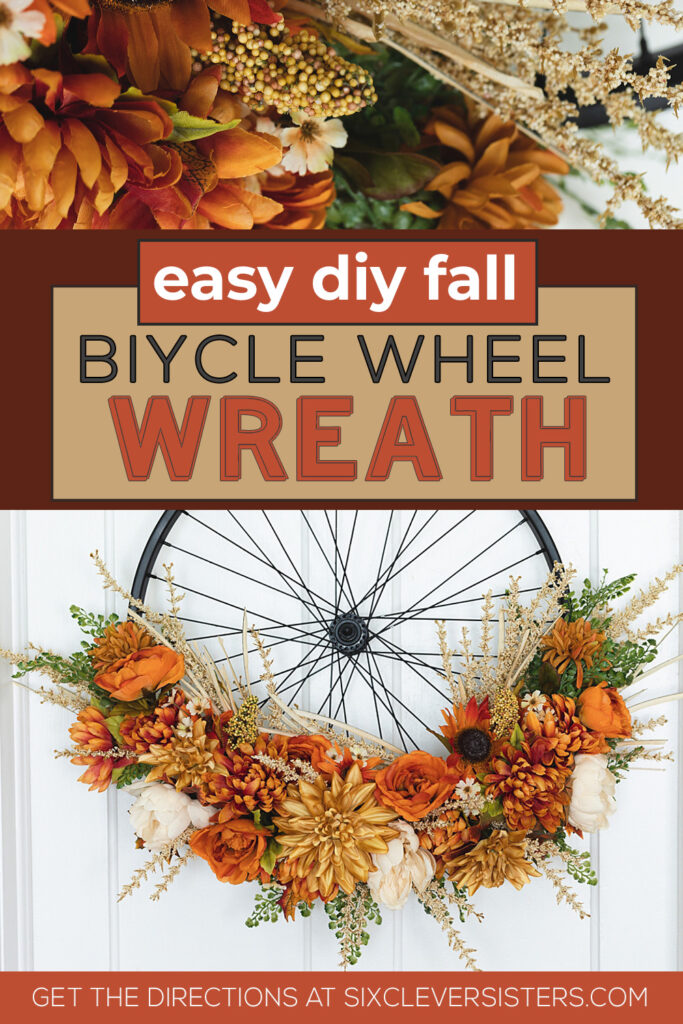 Bicycle Wheel Wreath | Bicycle Wheel Wreath DIY | Bicycle Wheel Wreath Fall | Modern Farmhouse Bicycle Wheel Wreath | Fall wreath in Modern Farmhouse style starts with a bike wheel! Instructions for this fall bike wheel wreath on the Six Clever Sisters blog.