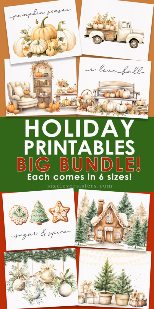 Printable Art for holidays | Holiday Printables | Printable Decor for holidays | Printable decor for fall | Printable decor for winter | Gorgeous fall and winter prints available in several large sizes at Six Clever Sisters!