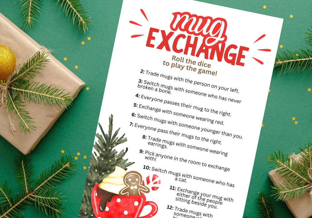 free printable Christmas exchange game | mug exchange game | roll the dice exchange game