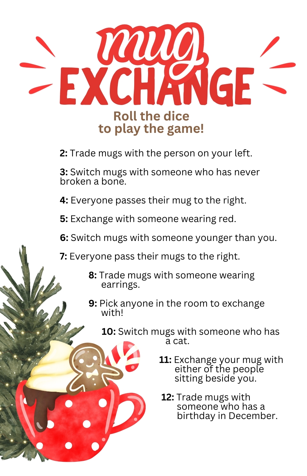 free printable Christmas exchange game | mug exchange game | roll the dice exchange game