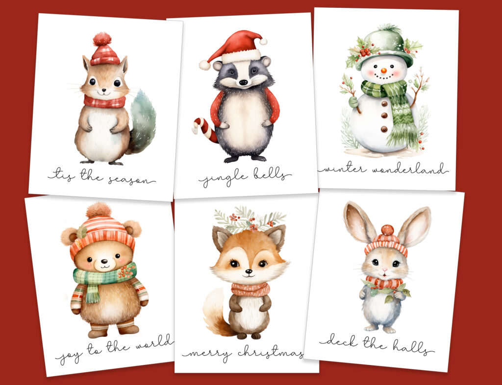 Woodland Animals Christmas Prints | Woodland Animals Christmas Pictures | Woodland Christmas Art for Kids | Woodland Christmas Decorating Ideas | 6 PDF's size 8x10 available on the Six Clever Sisters site!