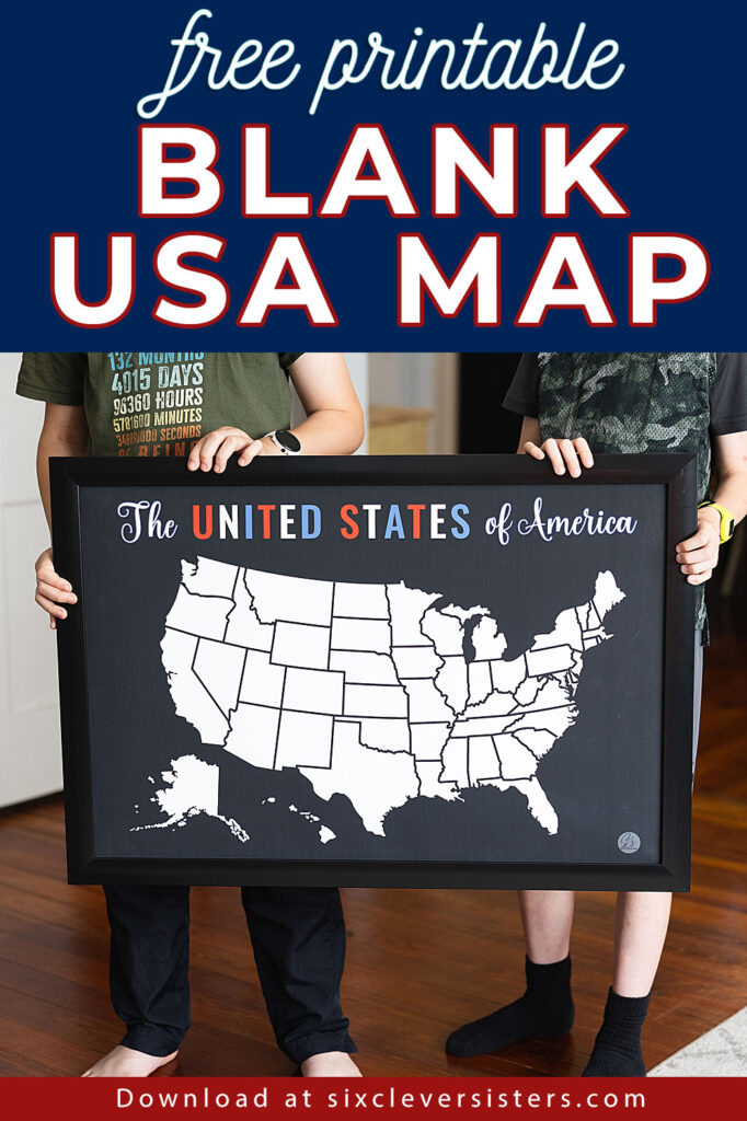 Blank US map | free printable USA map | blank US map coloring | Free Printable Blank US map poster available on the Six Clever Sisters blog!