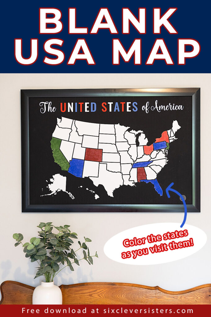 Blank US map | free printable USA map | blank US map coloring | Free Printable Blank US map poster available on the Six Clever Sisters blog!