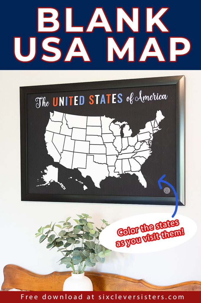 Blank US map | free printable USA map | blank US map coloring | Free Printable Blank US map poster available on the Six Clever Sisters blog!