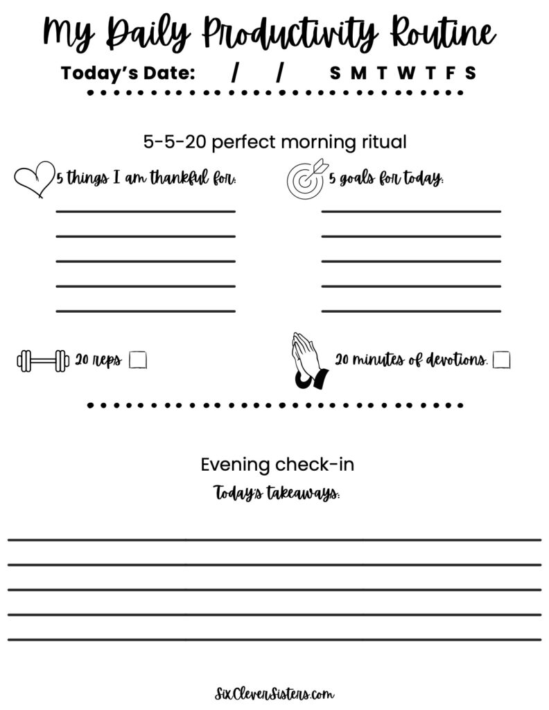 Productivity | How to Be a Morning Person | Daily Productivity Routine | 5-5-20 Method | Morning Routine | Finding a Morning Routine | Learn how to become a productive morning person using a method called the 5-5-20 method at SixCleverSisters.com