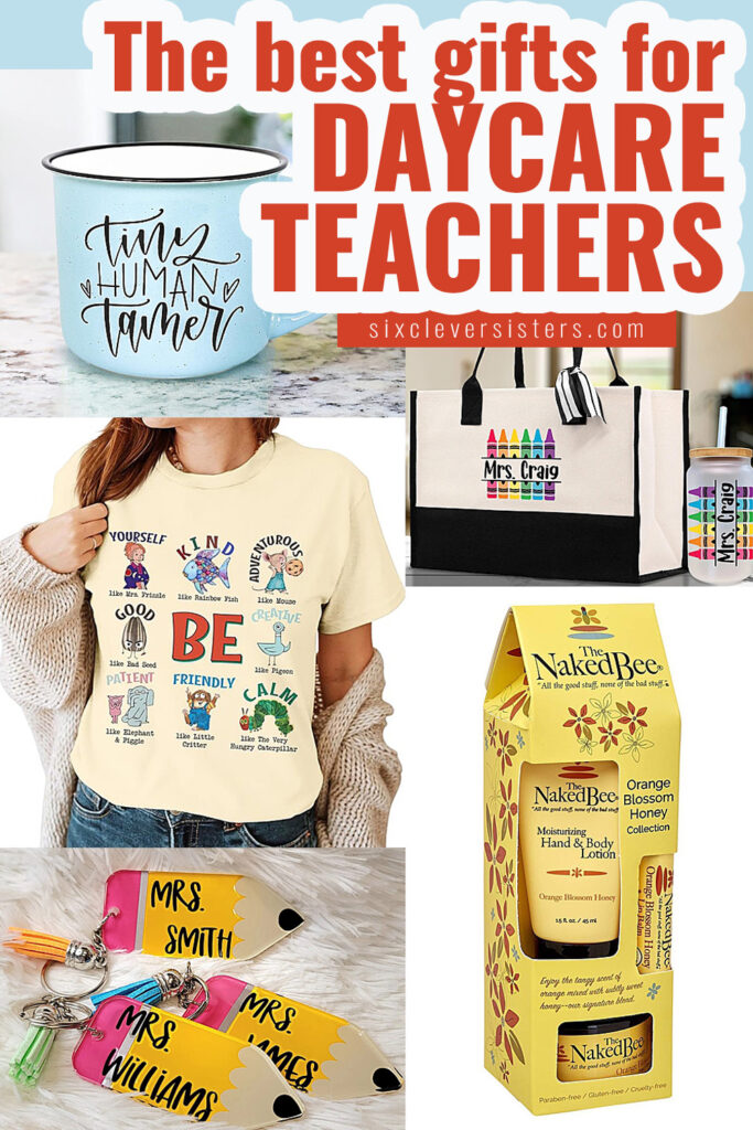 The Best Christmas Gifts for Daycare Teachers | Gift Ideas for Daycare Teachers | Christmas Gifts for Daycare Providers | A long list of ideas for gifts for daycare teachers on the Six Clever Sisters website!