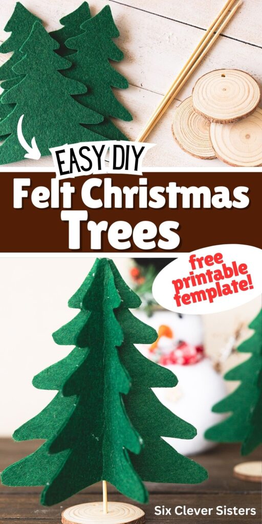 DIY Felt Christmas Trees | DIY Rustic Felt Christmas Trees | Felt Christmas Trees DIY | How to make DIY Rustic Felt Christmas Trees | Felt Christmas Decorations DIY Trees | Free printable template and step-by-step photo instructions for felt Christmas trees are on the Six Clever Sisters blog!